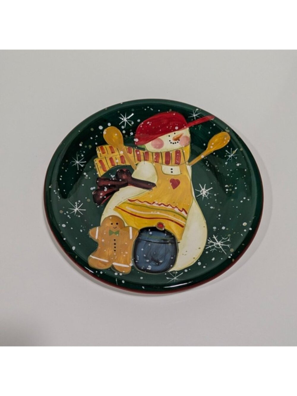 Certified International Hand-Painted Snowman Holiday Plate Green Christmas